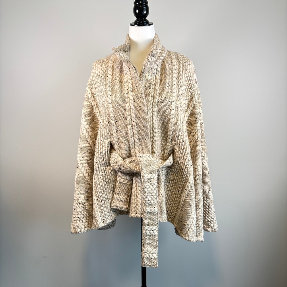 Beige Knit Belted Cape Coat